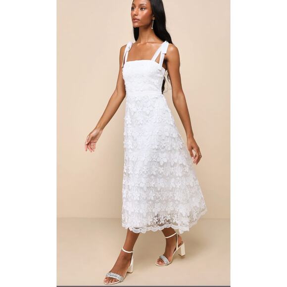 Lulus Striking Perfection White Embroidered Sequins Tie-Strap Midi Dress Size: L - Picture 13 of 14